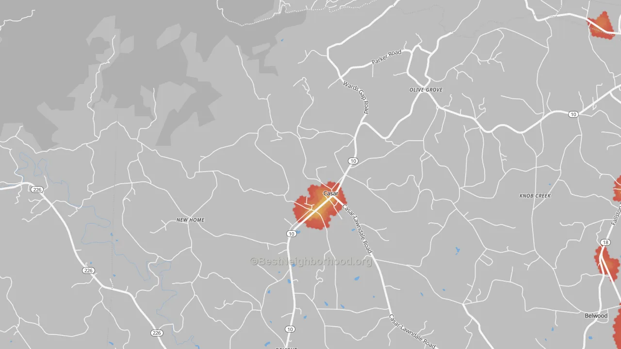 Walk Grade map of 28020, NC, walkable areas in green and car-dependent areas in red