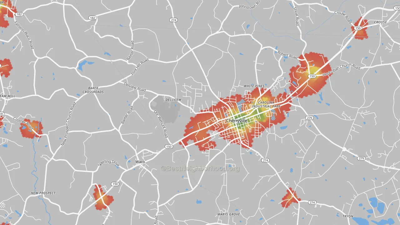 Walk Grade map of 28021, NC, walkable areas in green and car-dependent areas in red
