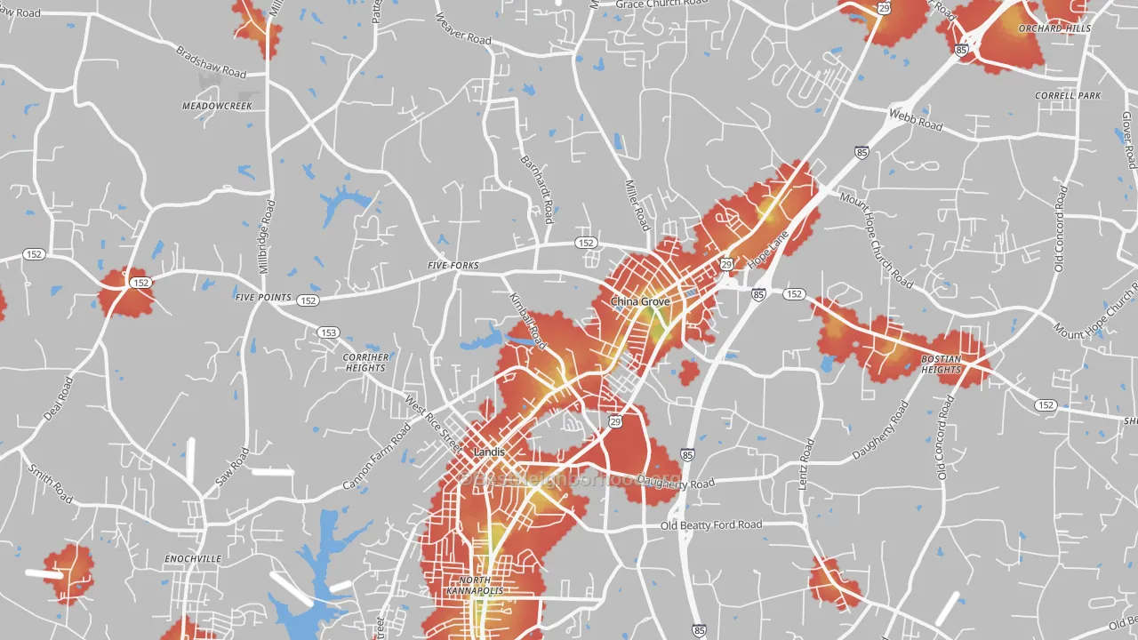 Walk Grade map of 28023, NC, walkable areas in green and car-dependent areas in red