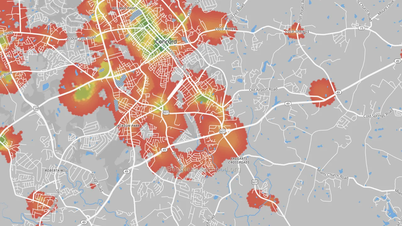 Walk Grade map of 28025, NC, walkable areas in green and car-dependent areas in red