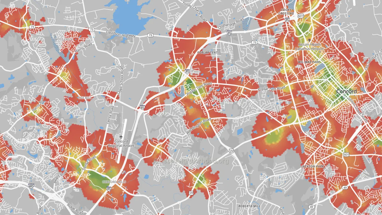 Walk Grade map of 28027, NC, walkable areas in green and car-dependent areas in red