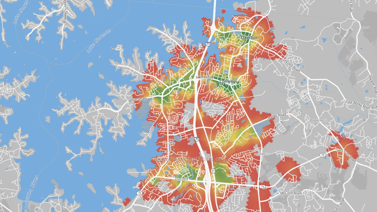 Walk Grade map of 28031, NC, walkable areas in green and car-dependent areas in red