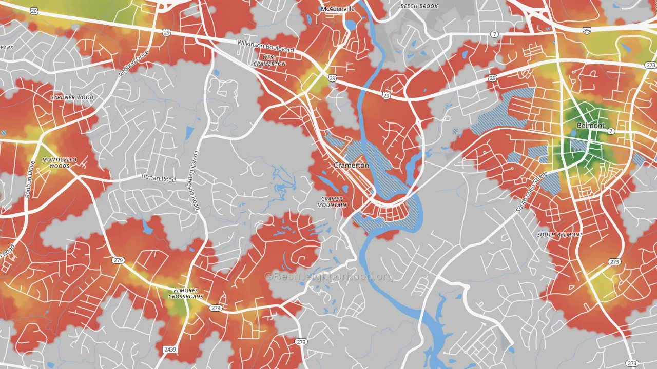 Walk Grade map of 28032, NC, walkable areas in green and car-dependent areas in red