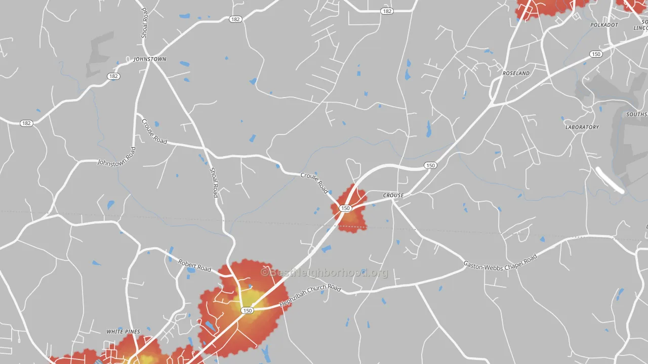 Walk Grade map of 28033, NC, walkable areas in green and car-dependent areas in red