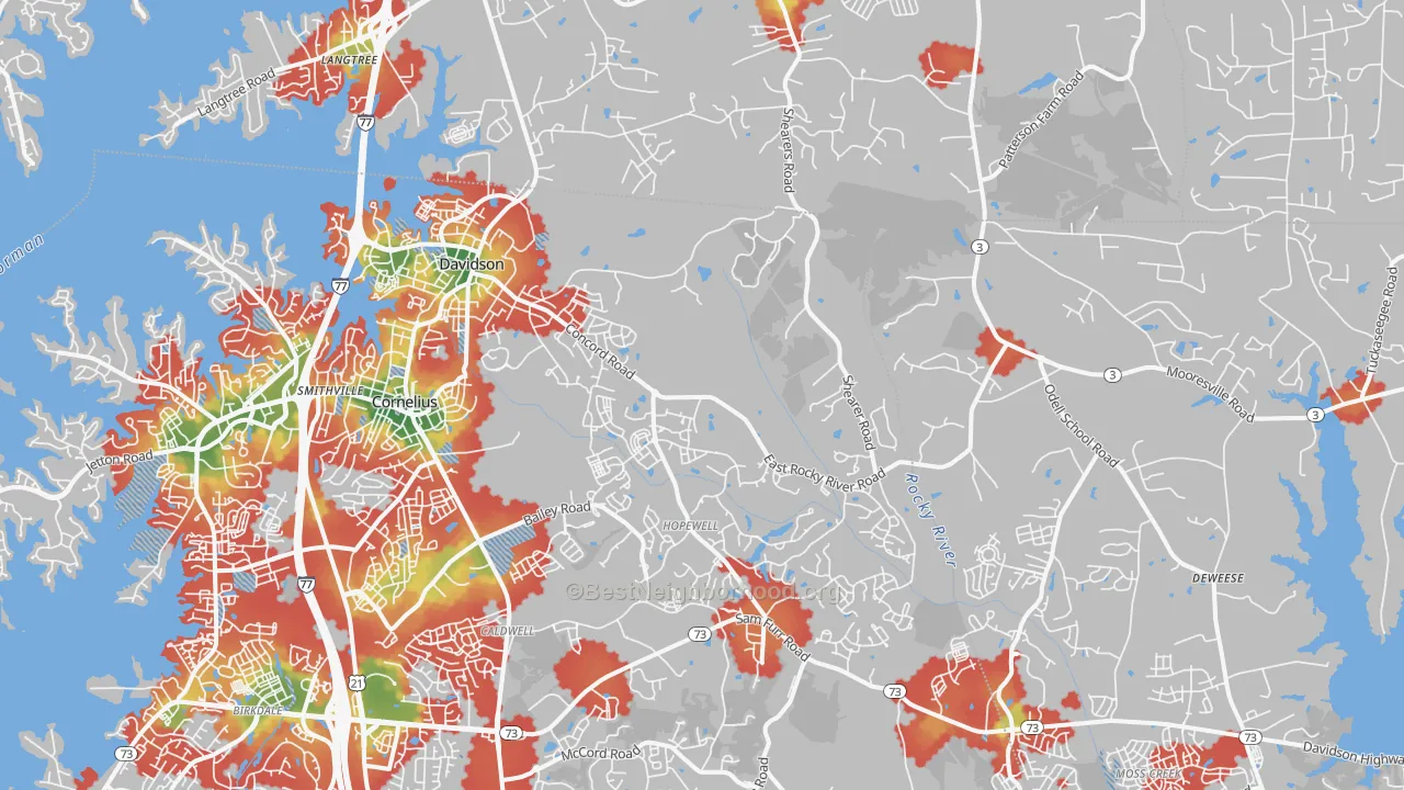 Walk Grade map of 28036, NC, walkable areas in green and car-dependent areas in red