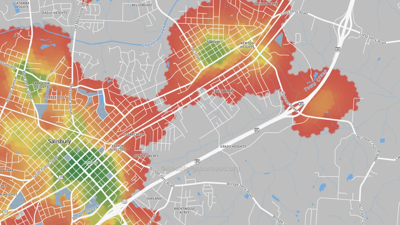 Walk Grade map of 28039, NC, walkable areas in green and car-dependent areas in red