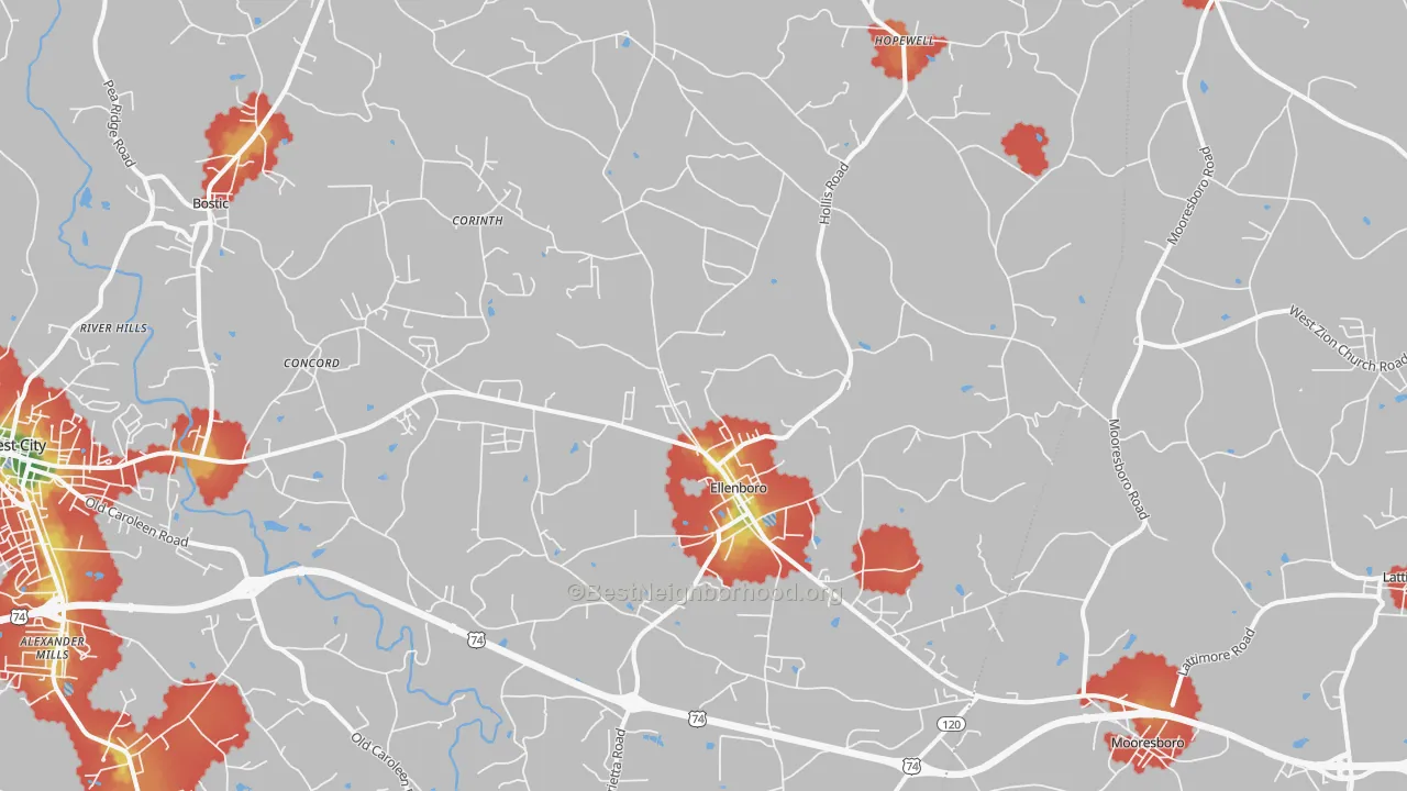 Walk Grade map of 28040, NC, walkable areas in green and car-dependent areas in red
