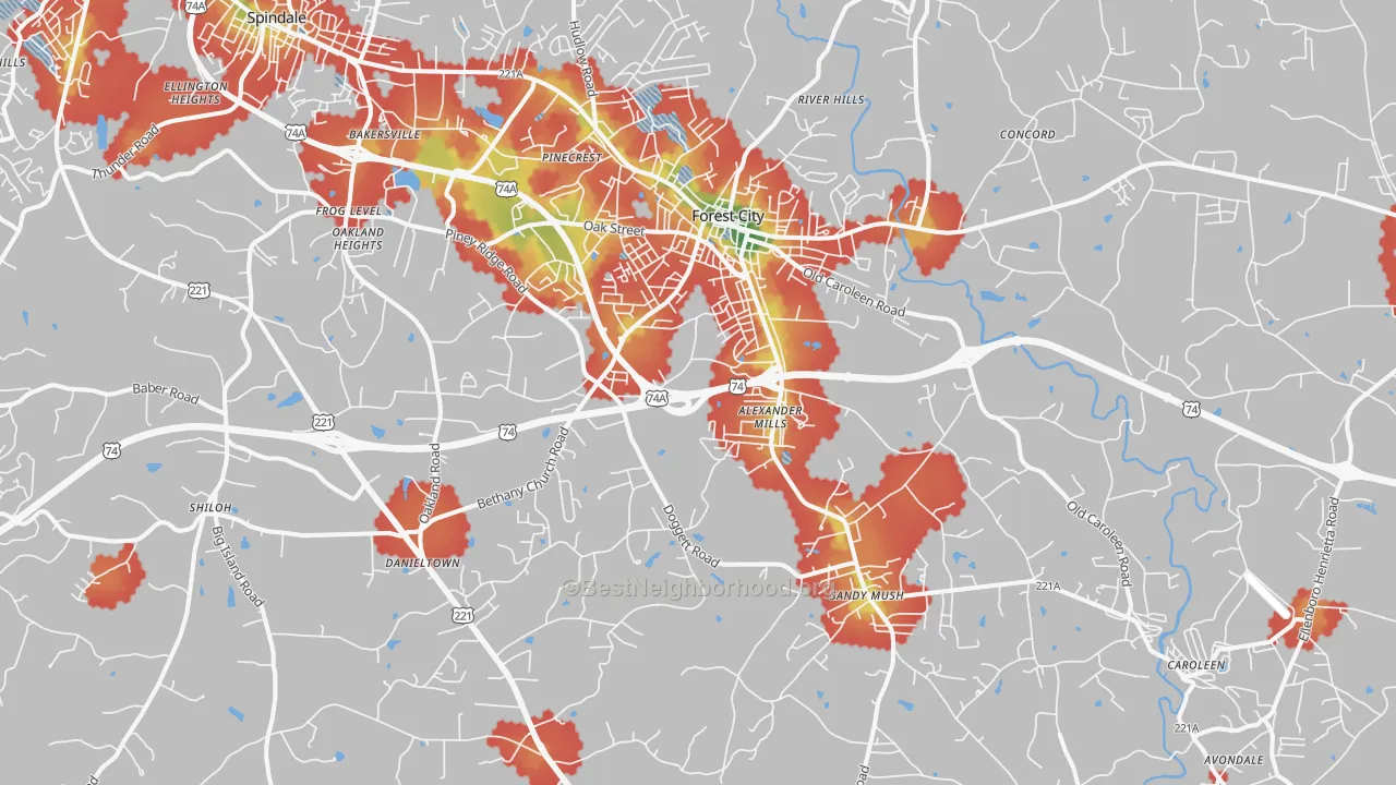 Walk Grade map of 28043, NC, walkable areas in green and car-dependent areas in red