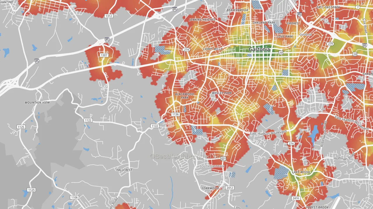 Walk Grade map of 28052, NC, walkable areas in green and car-dependent areas in red
