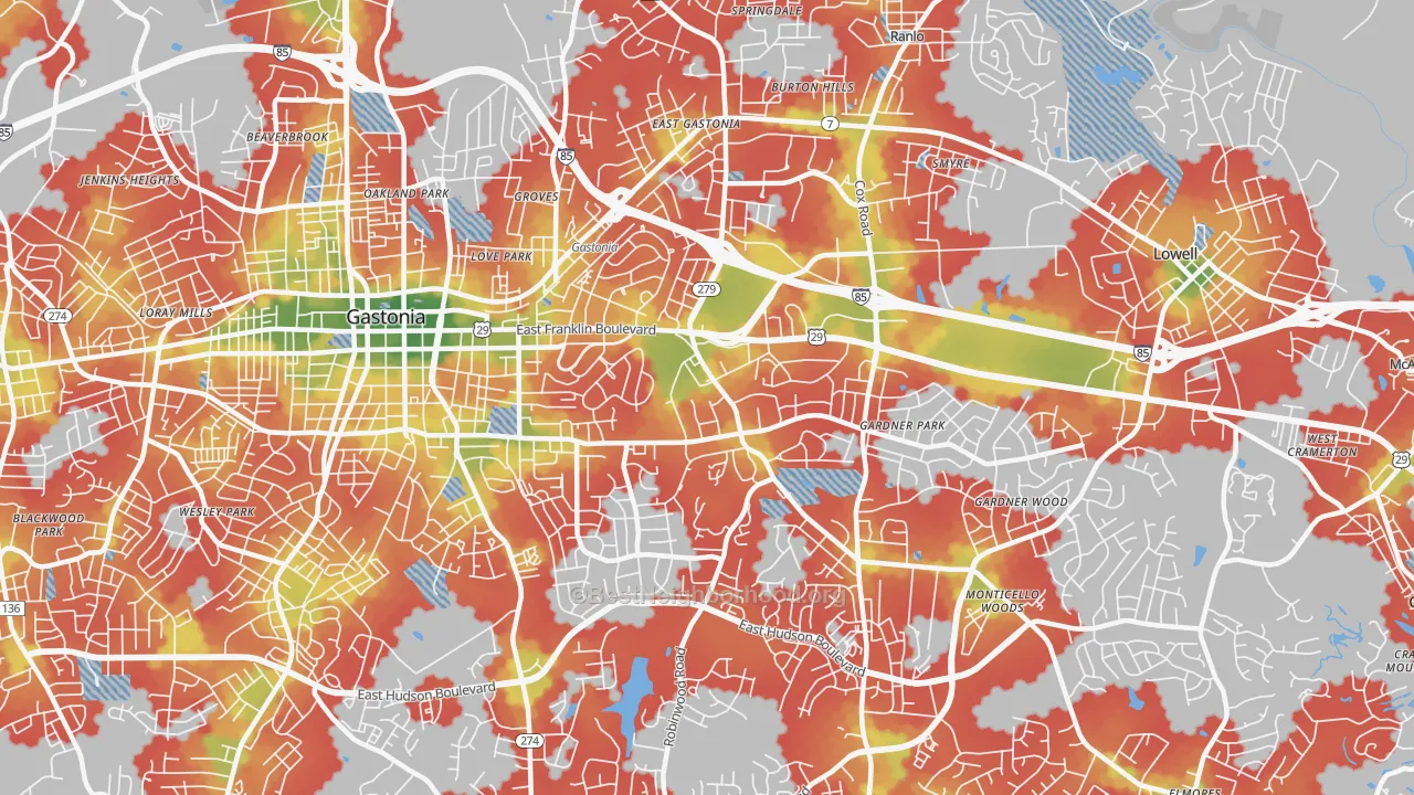 Walk Grade map of 28054, NC, walkable areas in green and car-dependent areas in red