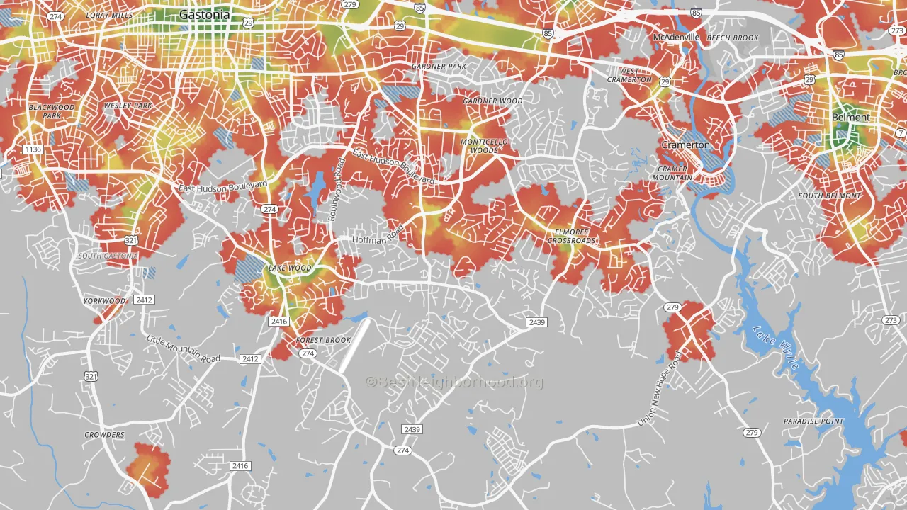 Walk Grade map of 28056, NC, walkable areas in green and car-dependent areas in red