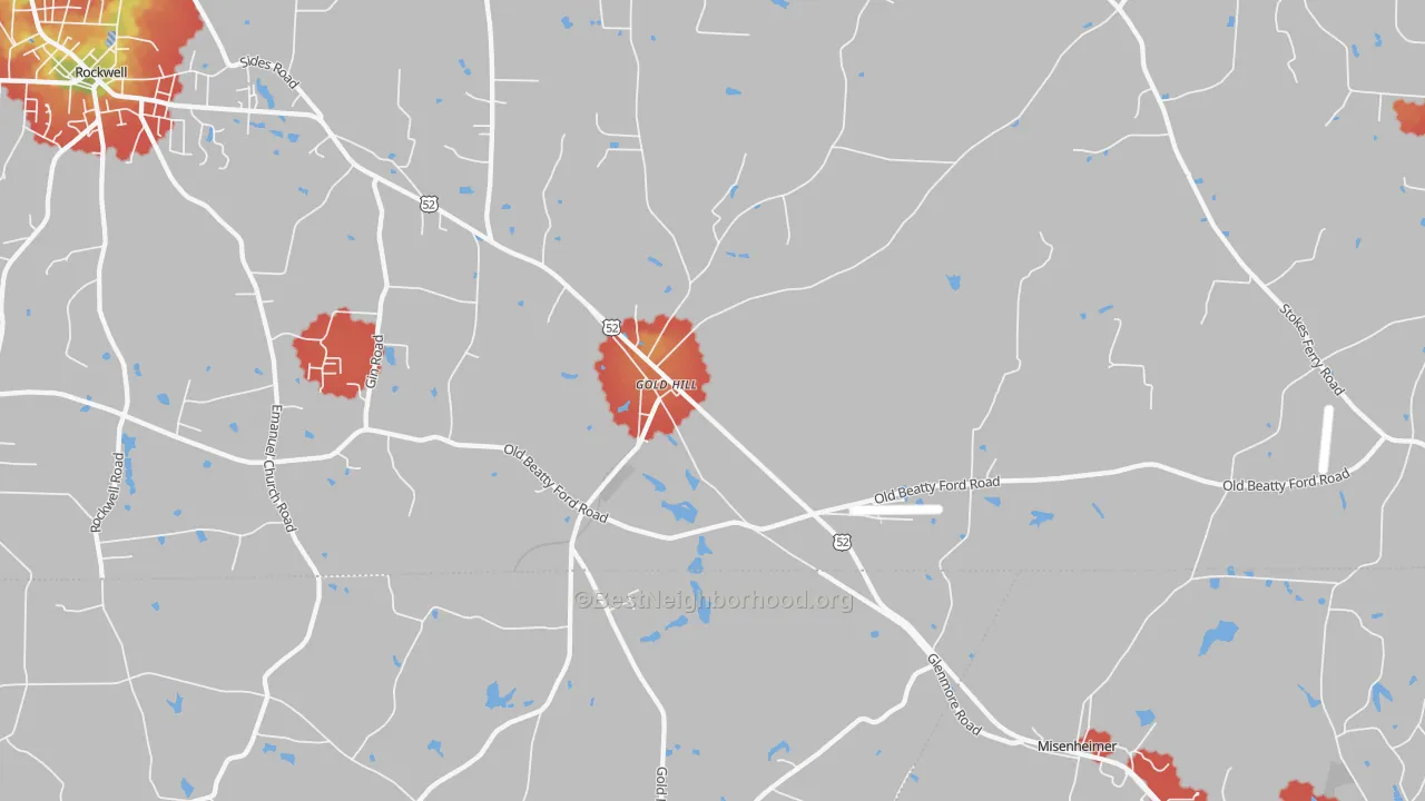 Walk Grade map of 28071, NC, walkable areas in green and car-dependent areas in red
