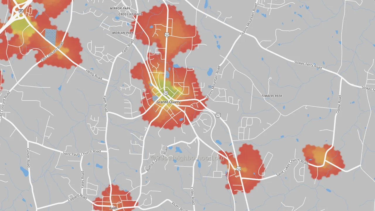 Walk Grade map of 28072, NC, walkable areas in green and car-dependent areas in red