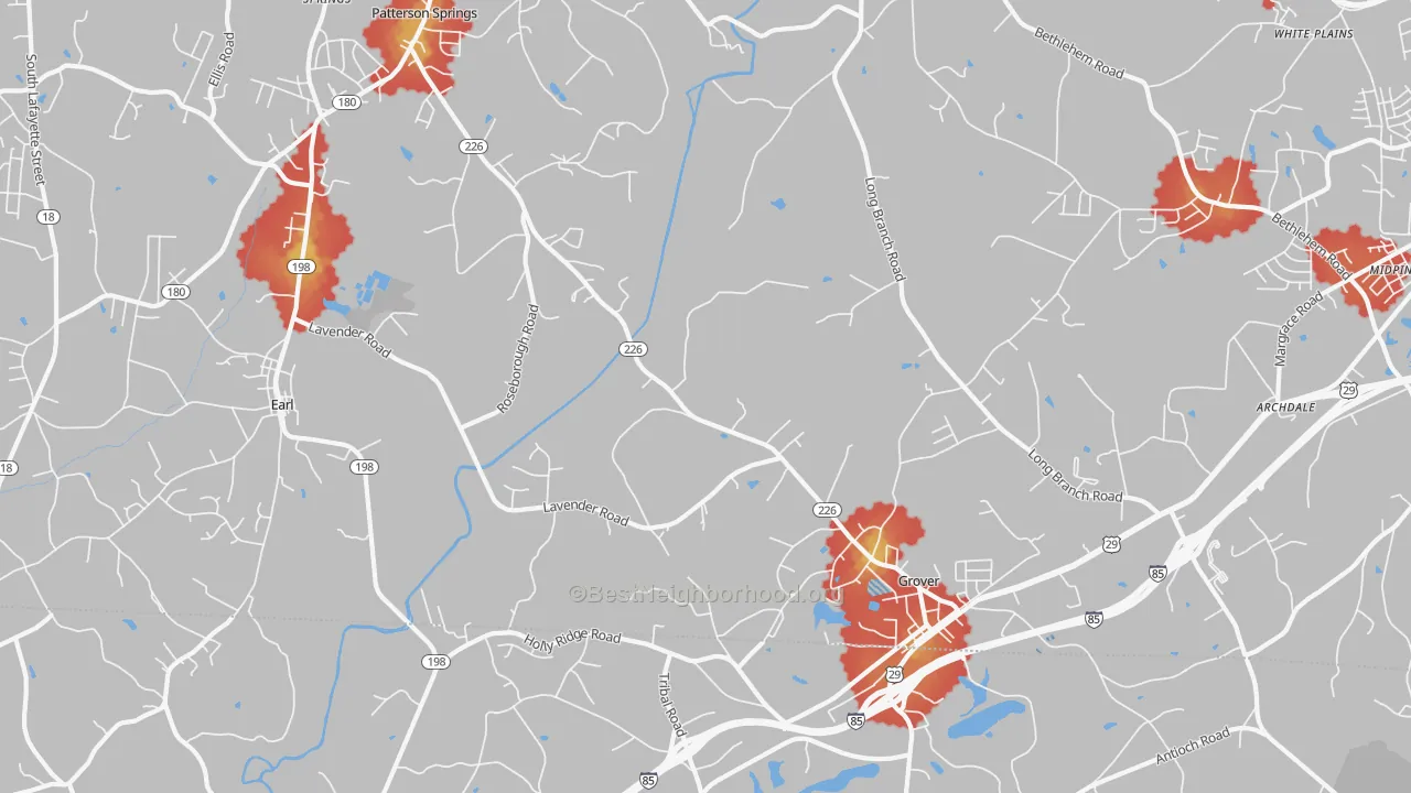 Walk Grade map of 28073, NC, walkable areas in green and car-dependent areas in red
