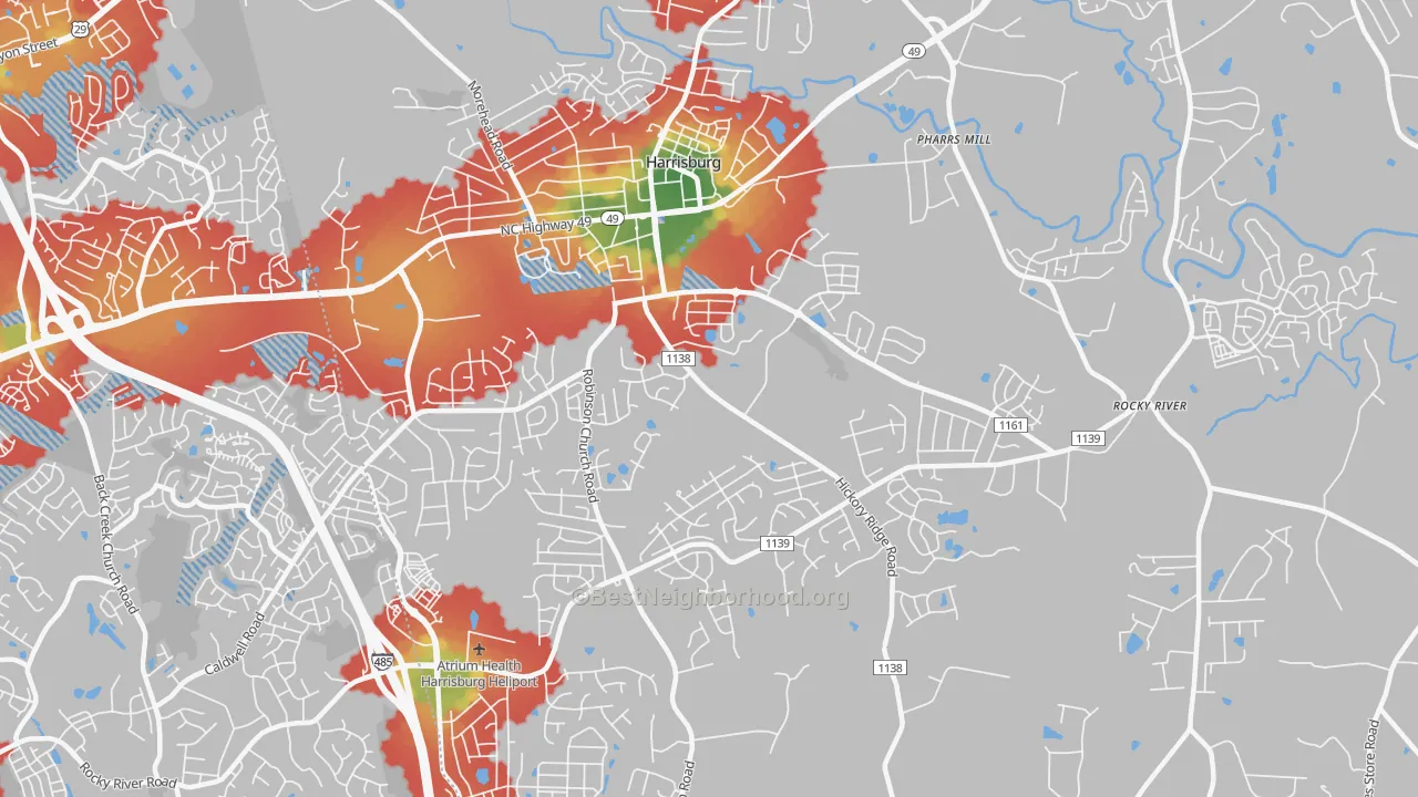 Walk Grade map of 28075, NC, walkable areas in green and car-dependent areas in red