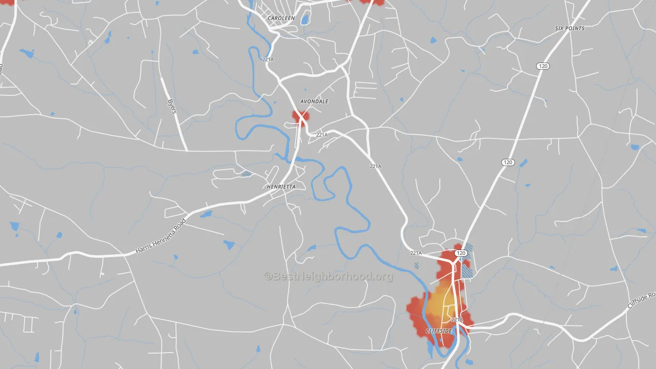 Walk Grade map of 28076, NC, walkable areas in green and car-dependent areas in red