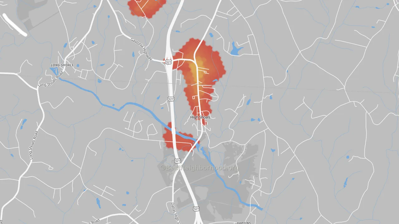 Walk Grade map of 28077, NC, walkable areas in green and car-dependent areas in red