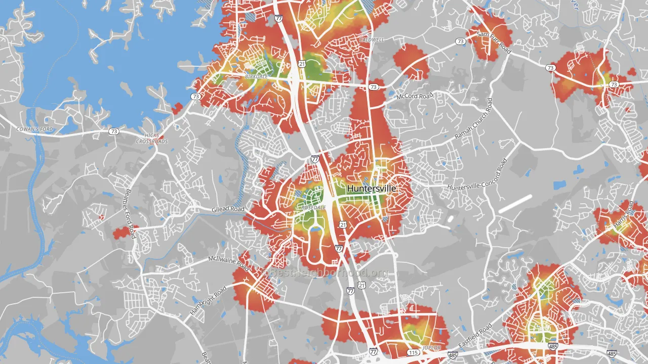 Walk Grade map of 28078, NC, walkable areas in green and car-dependent areas in red