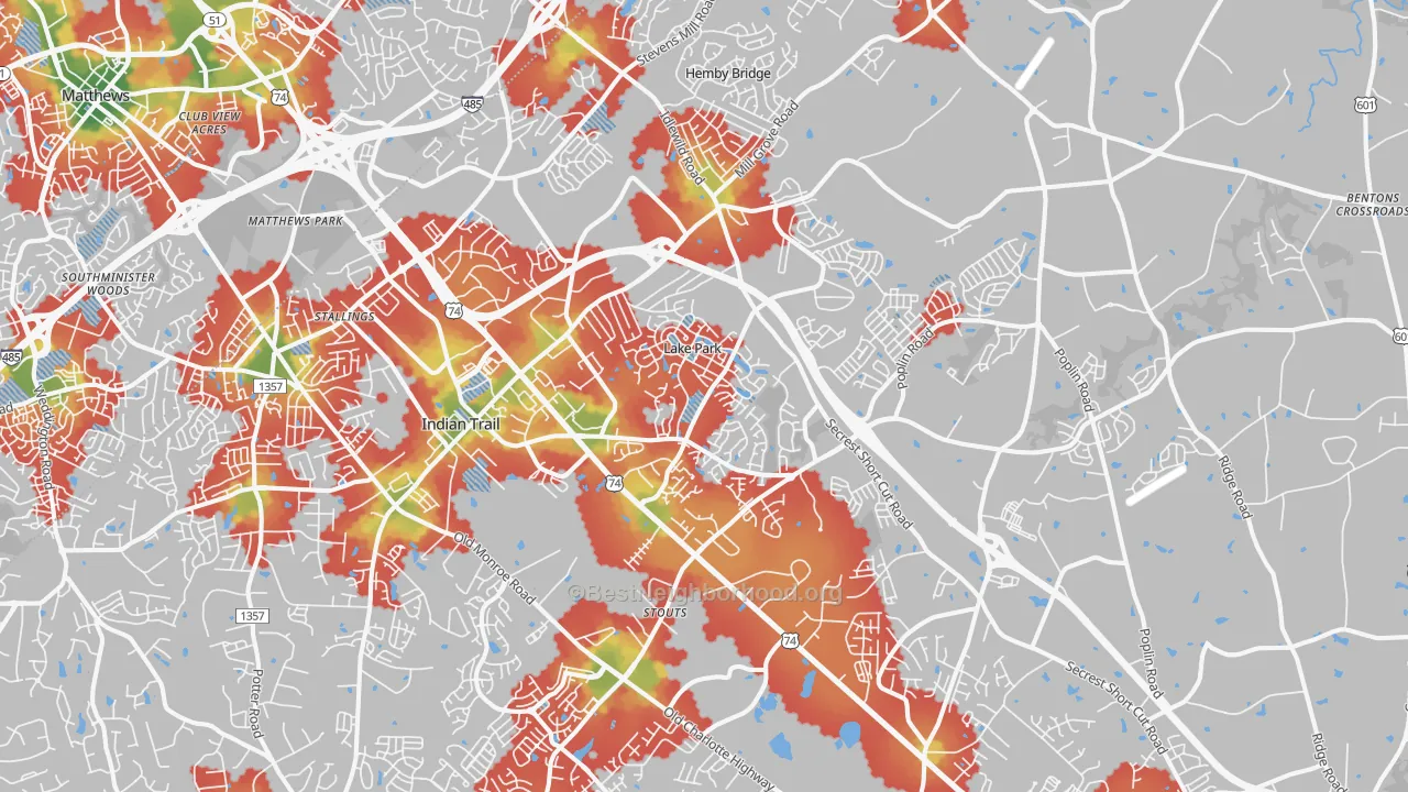 Walk Grade map of 28079, NC, walkable areas in green and car-dependent areas in red
