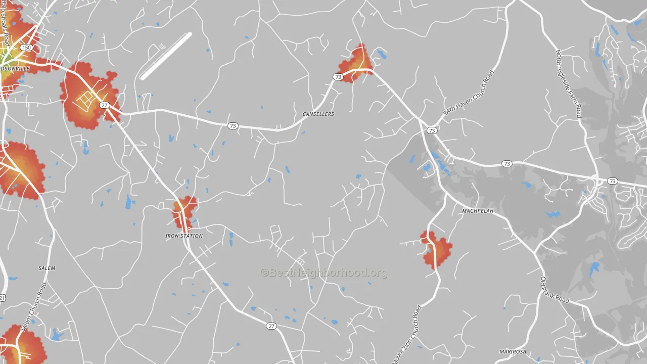 Walk Grade map of 28080, NC, walkable areas in green and car-dependent areas in red