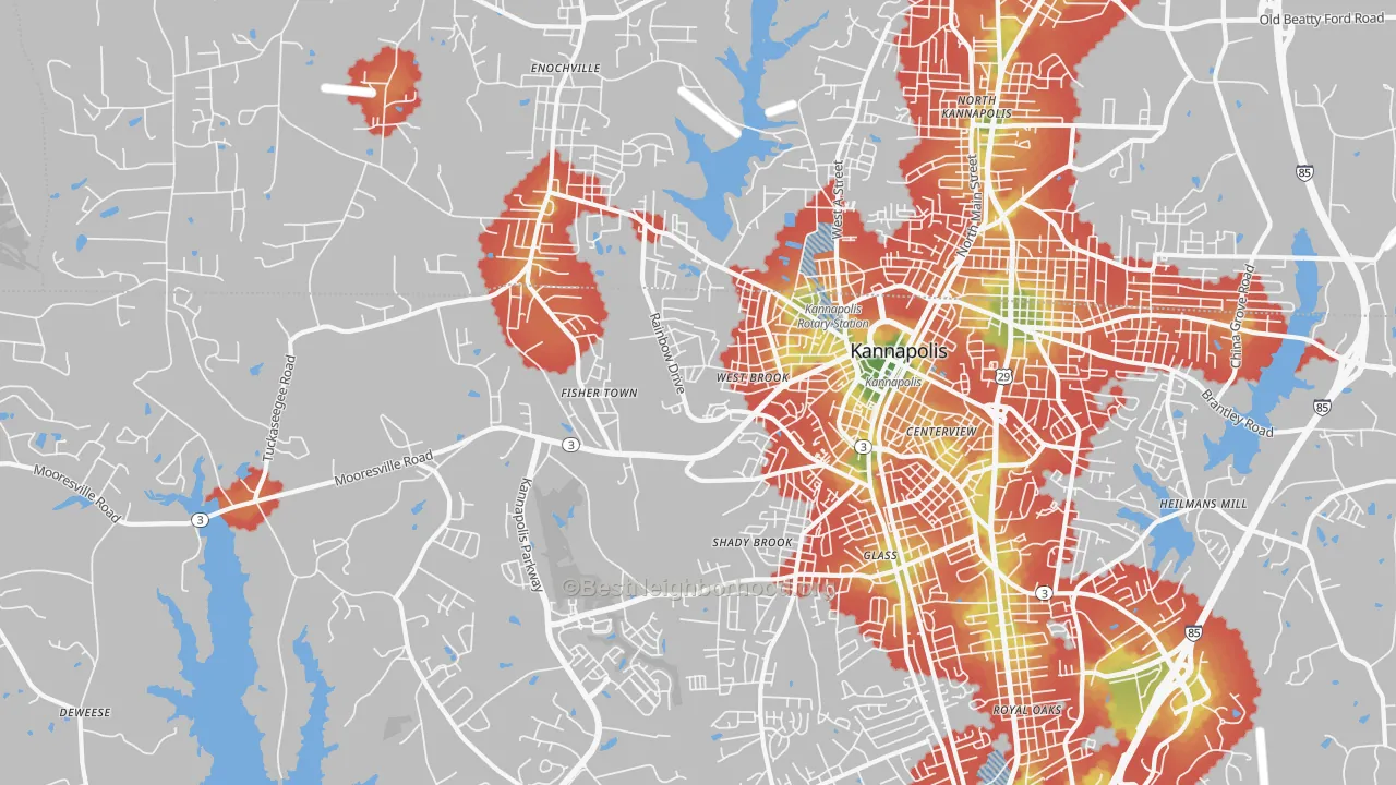 Walk Grade map of 28081, NC, walkable areas in green and car-dependent areas in red