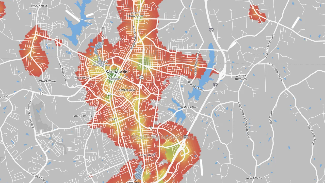 Walk Grade map of 28083, NC, walkable areas in green and car-dependent areas in red