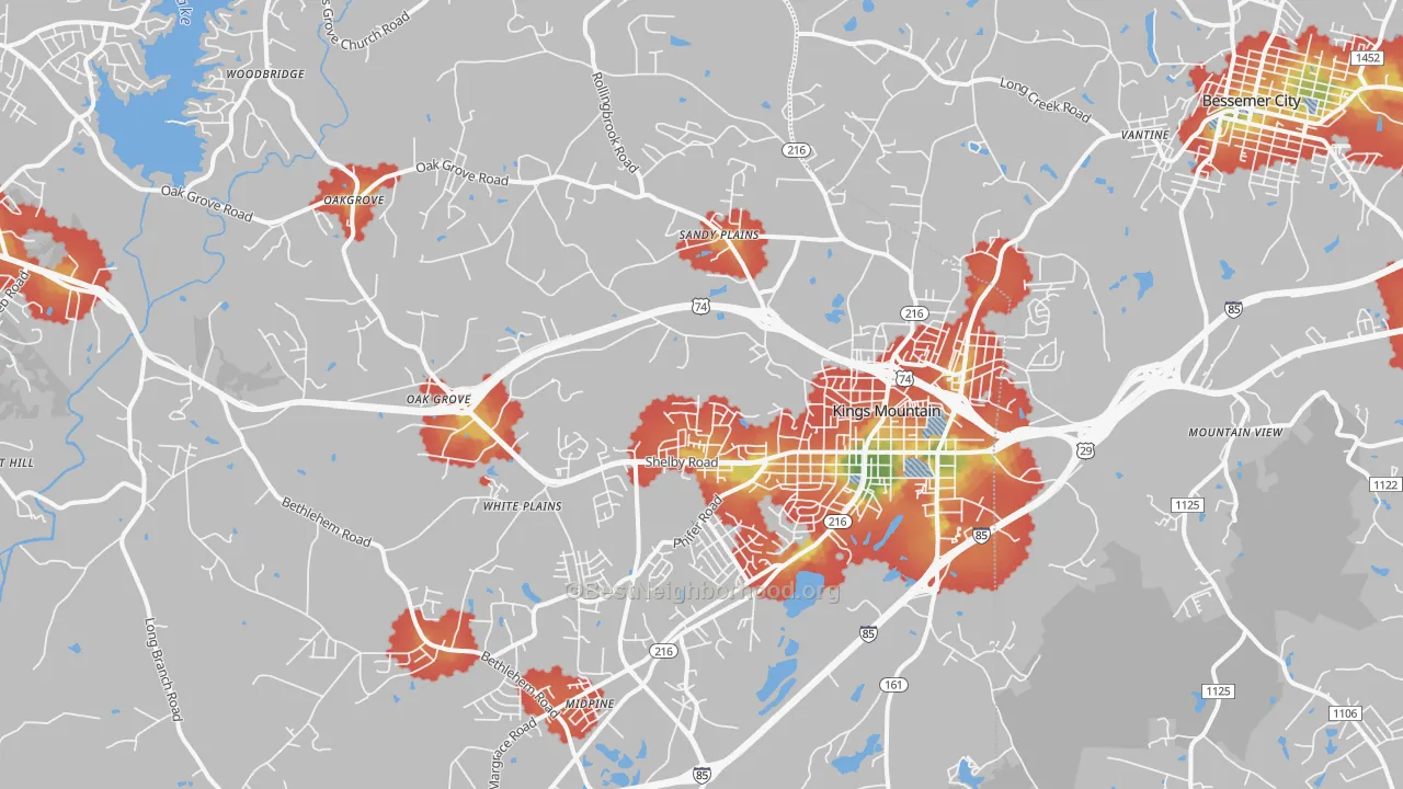 Walk Grade map of 28086, NC, walkable areas in green and car-dependent areas in red