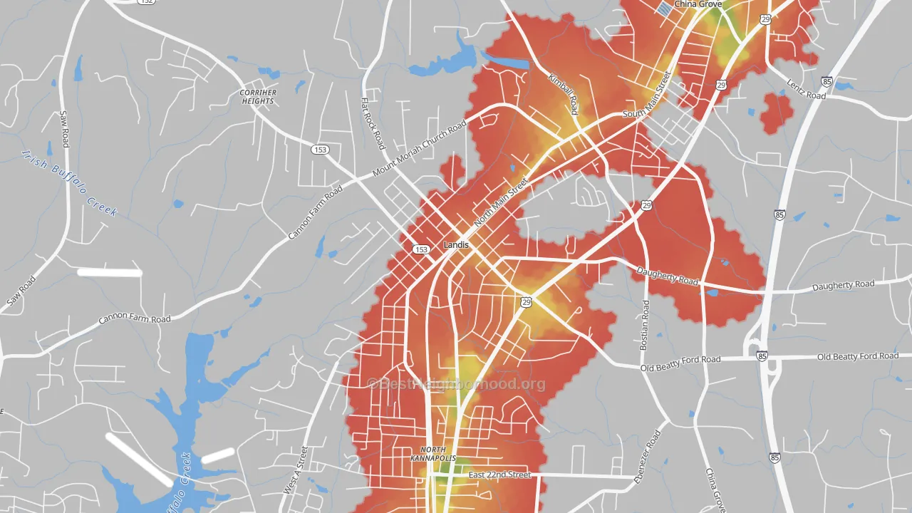 Walk Grade map of 28088, NC, walkable areas in green and car-dependent areas in red