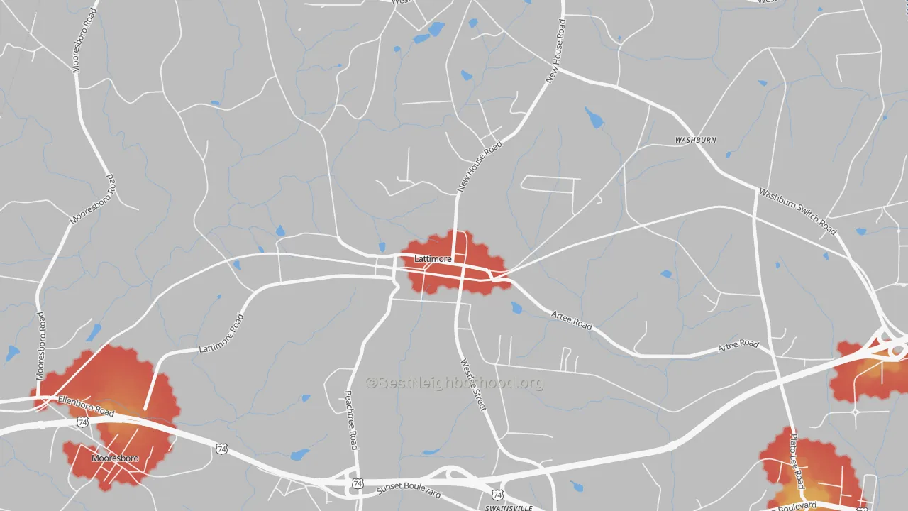 Walk Grade map of 28089, NC, walkable areas in green and car-dependent areas in red