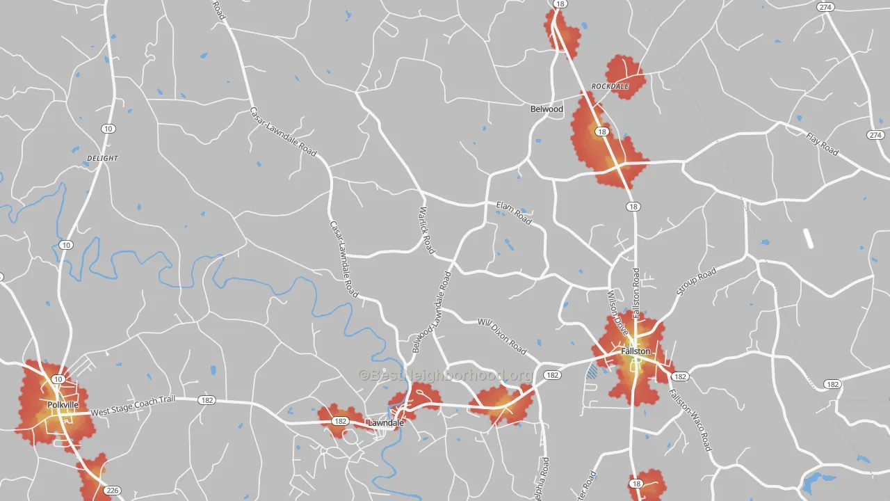 Walk Grade map of 28090, NC, walkable areas in green and car-dependent areas in red