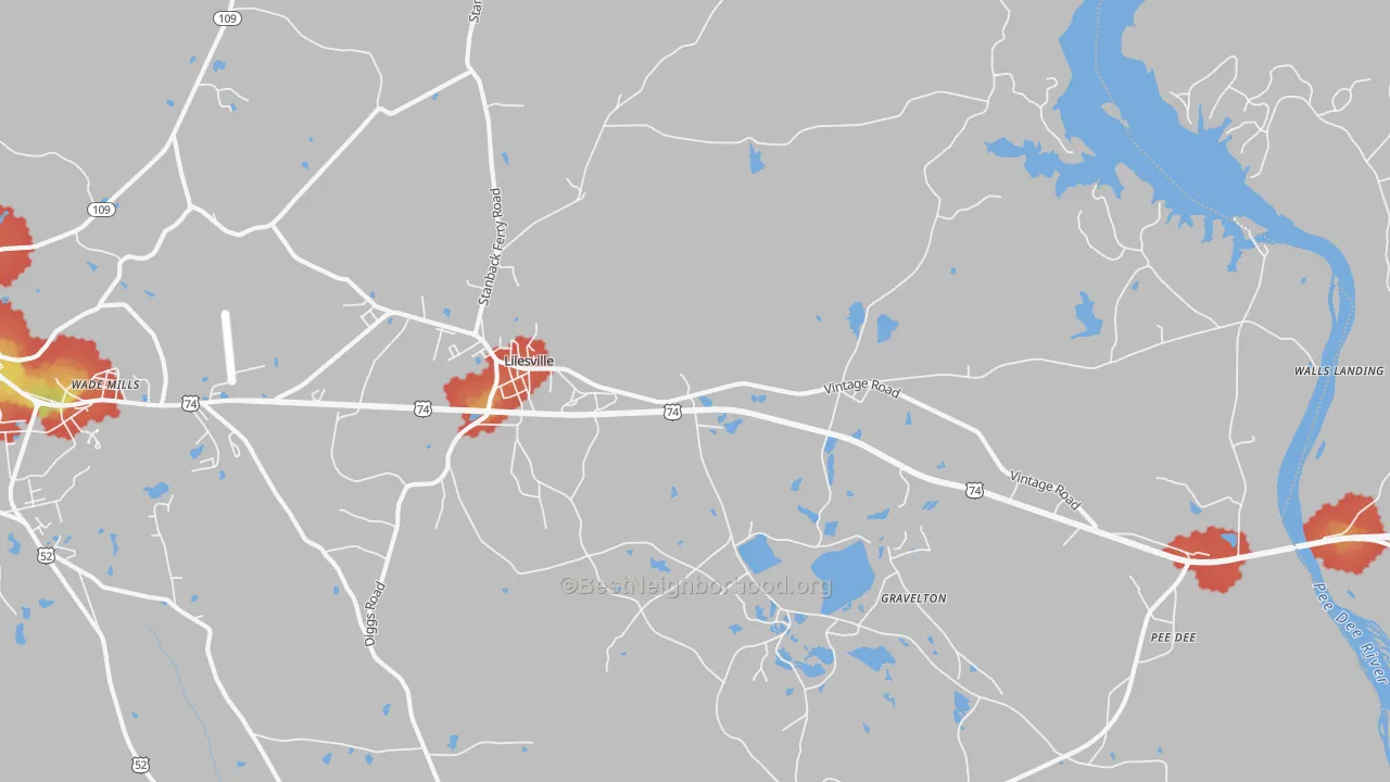 Walk Grade map of 28091, NC, walkable areas in green and car-dependent areas in red
