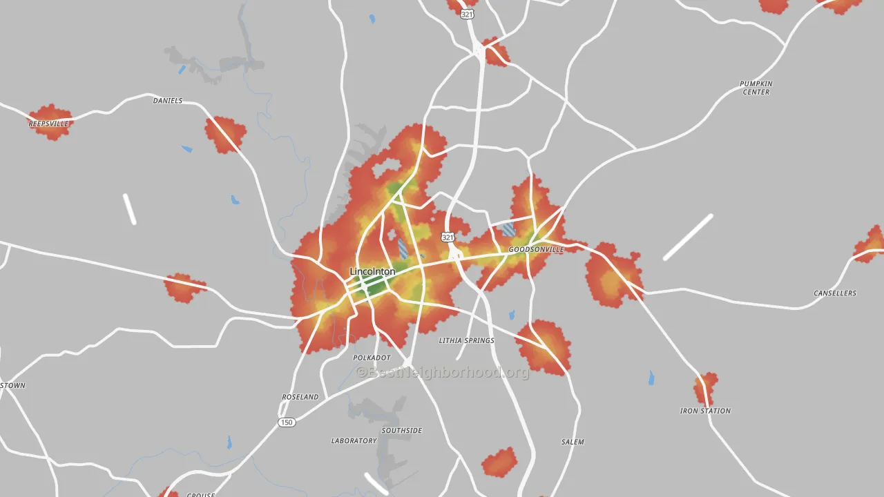 Walk Grade map of 28092, NC, walkable areas in green and car-dependent areas in red