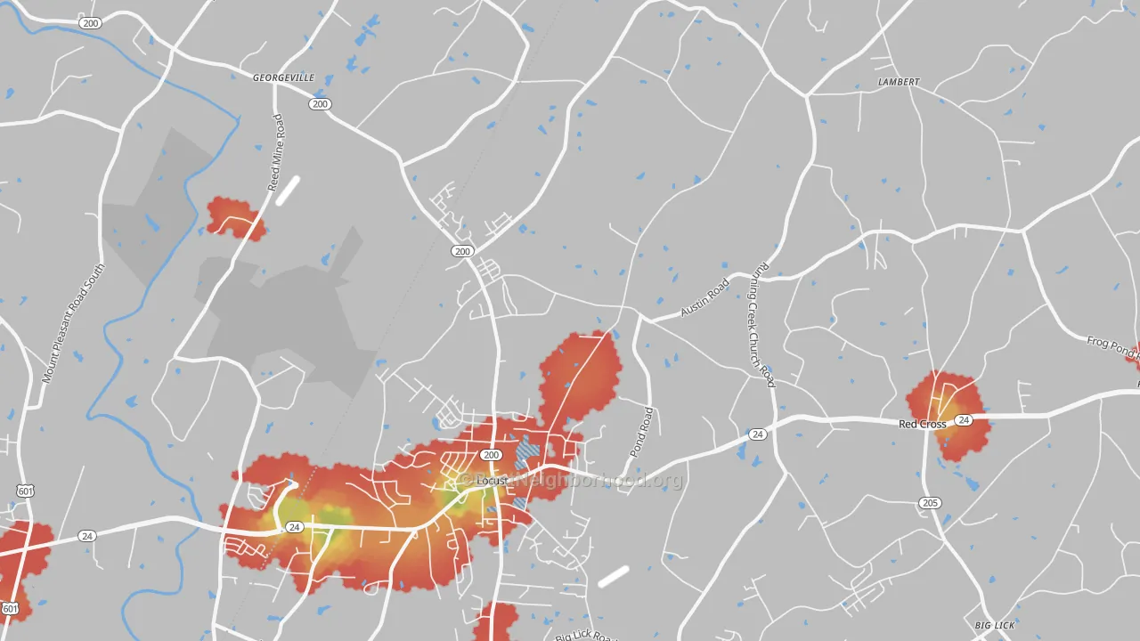 Walk Grade map of 28097, NC, walkable areas in green and car-dependent areas in red