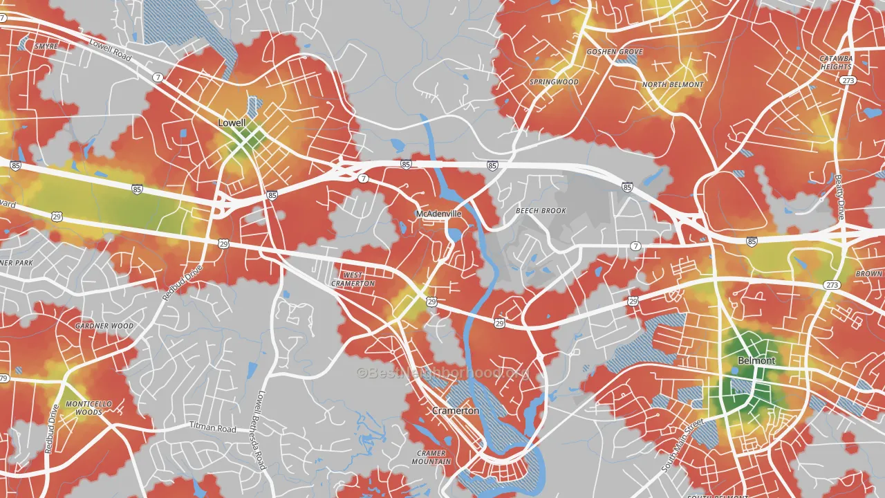 Walk Grade map of 28101, NC, walkable areas in green and car-dependent areas in red
