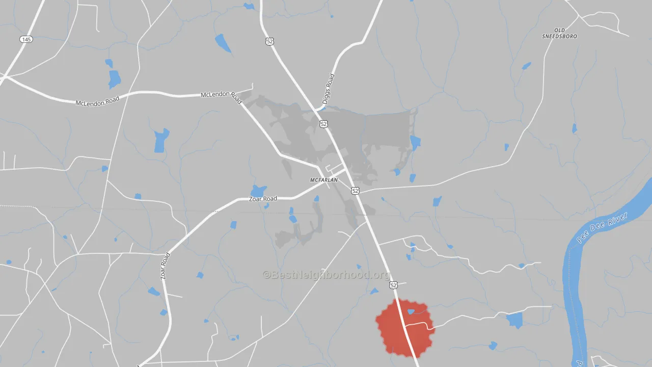 Walk Grade map of 28102, NC, walkable areas in green and car-dependent areas in red