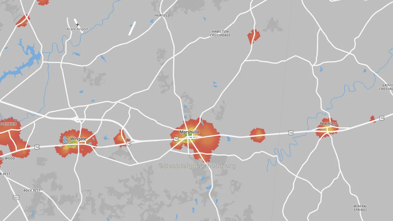 Walk Grade map of 28103, NC, walkable areas in green and car-dependent areas in red