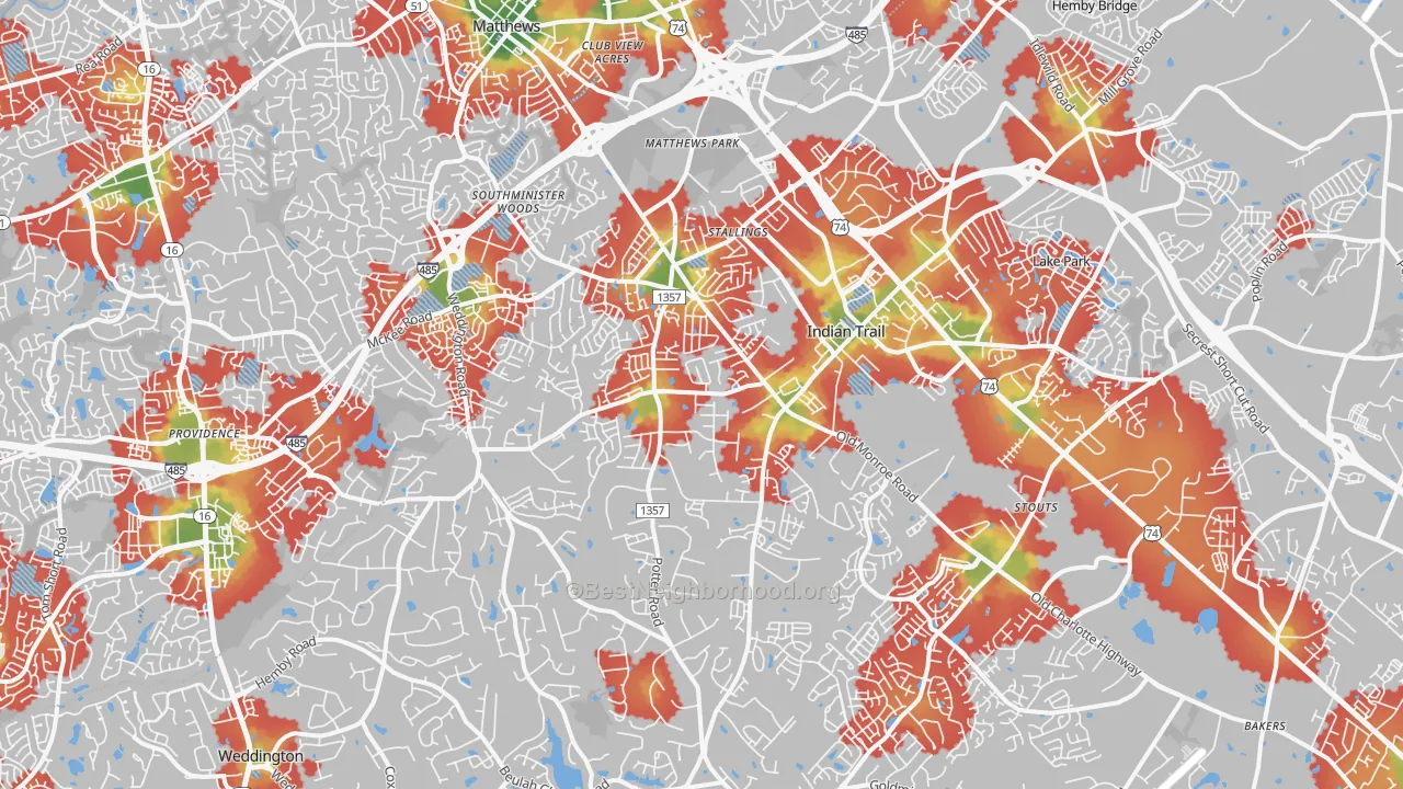Walk Grade map of 28104, NC, walkable areas in green and car-dependent areas in red
