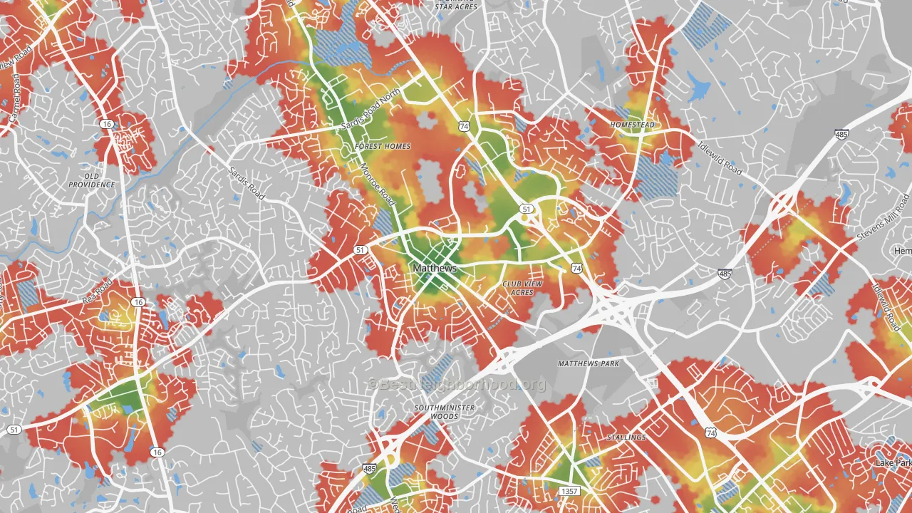 Walk Grade map of 28105, NC, walkable areas in green and car-dependent areas in red