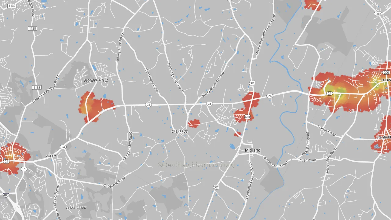 Walk Grade map of 28107, NC, walkable areas in green and car-dependent areas in red