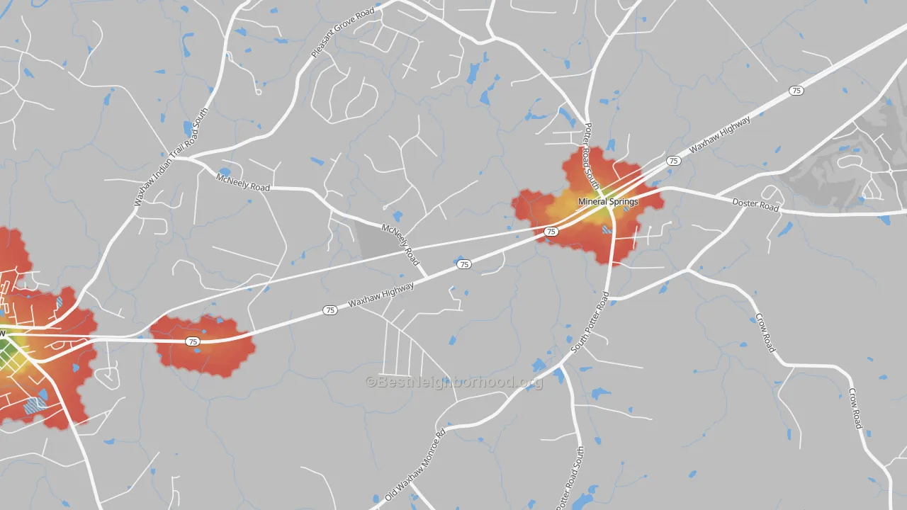 Walk Grade map of 28108, NC, walkable areas in green and car-dependent areas in red