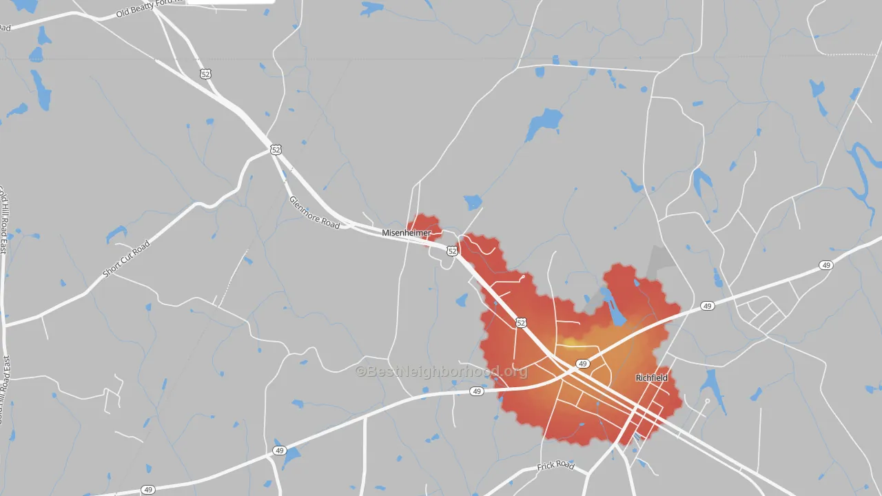 Walk Grade map of 28109, NC, walkable areas in green and car-dependent areas in red