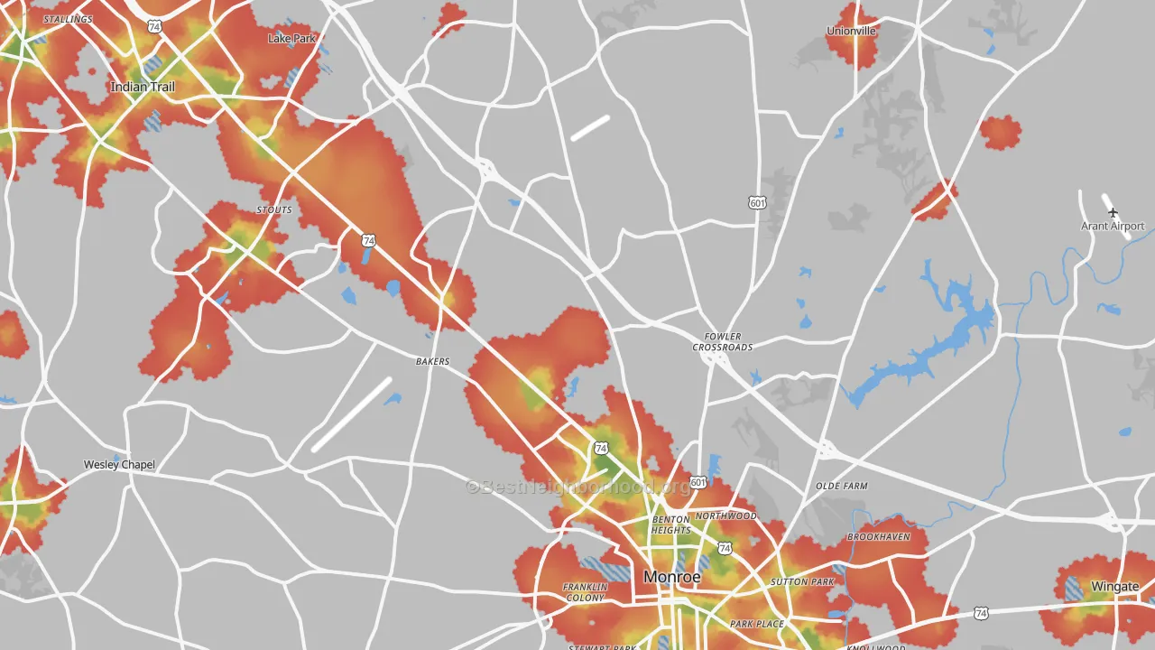 Walk Grade map of 28110, NC, walkable areas in green and car-dependent areas in red
