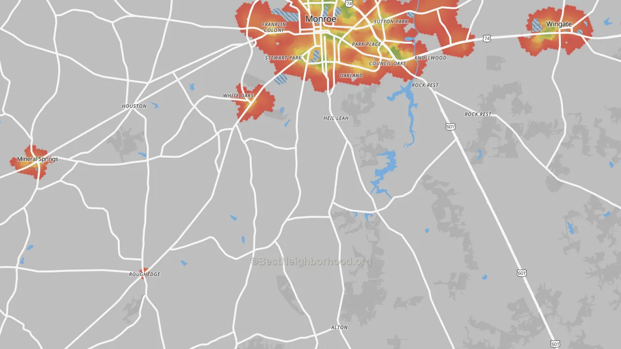 Walk Grade map of 28112, NC, walkable areas in green and car-dependent areas in red