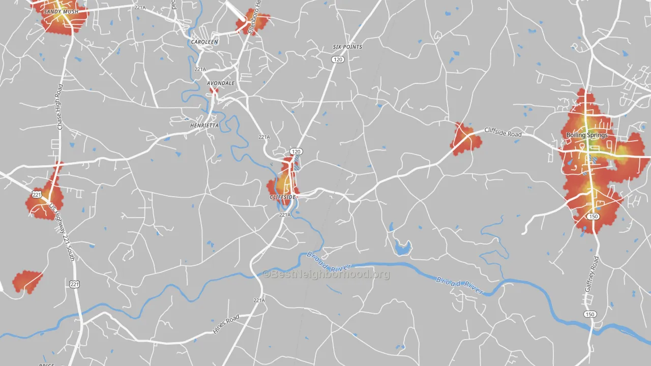 Walk Grade map of 28114, NC, walkable areas in green and car-dependent areas in red