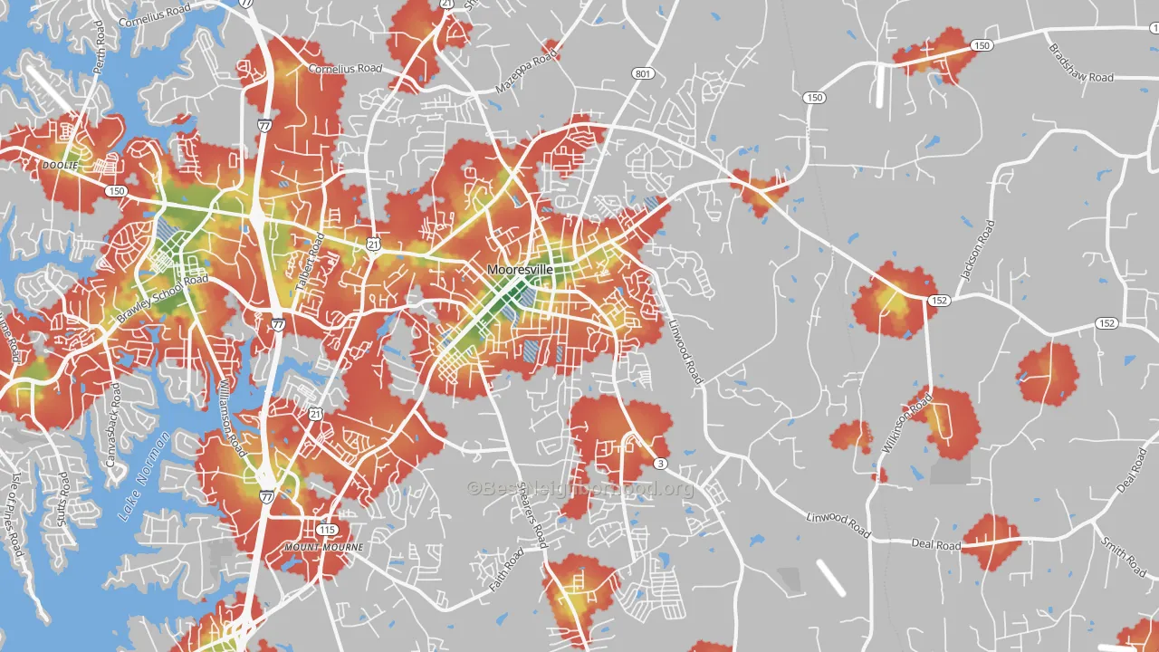 Walk Grade map of 28115, NC, walkable areas in green and car-dependent areas in red