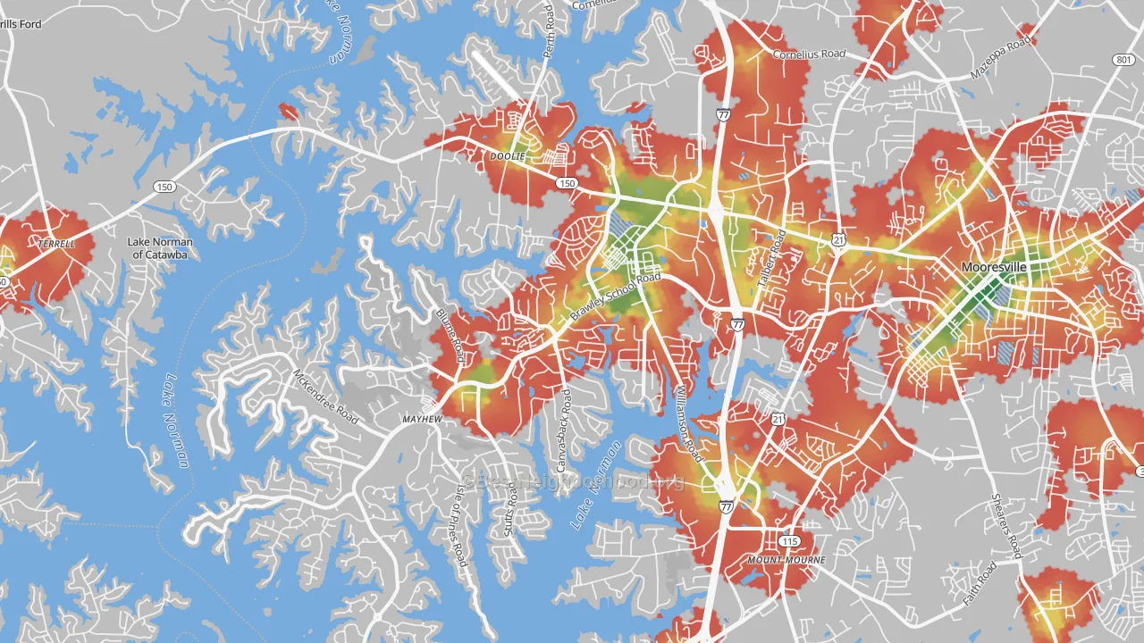 Walk Grade map of 28117, NC, walkable areas in green and car-dependent areas in red