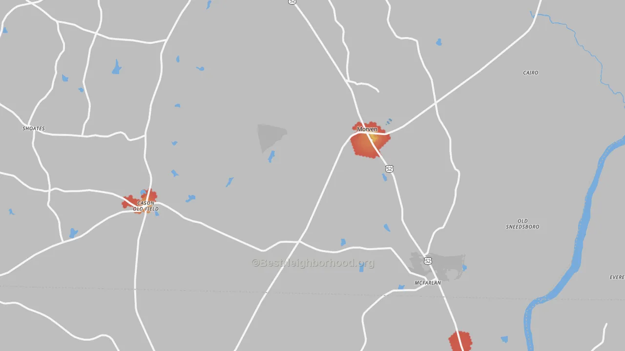 Walk Grade map of 28119, NC, walkable areas in green and car-dependent areas in red