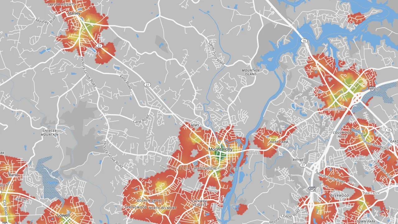 Walk Grade map of 28120, NC, walkable areas in green and car-dependent areas in red