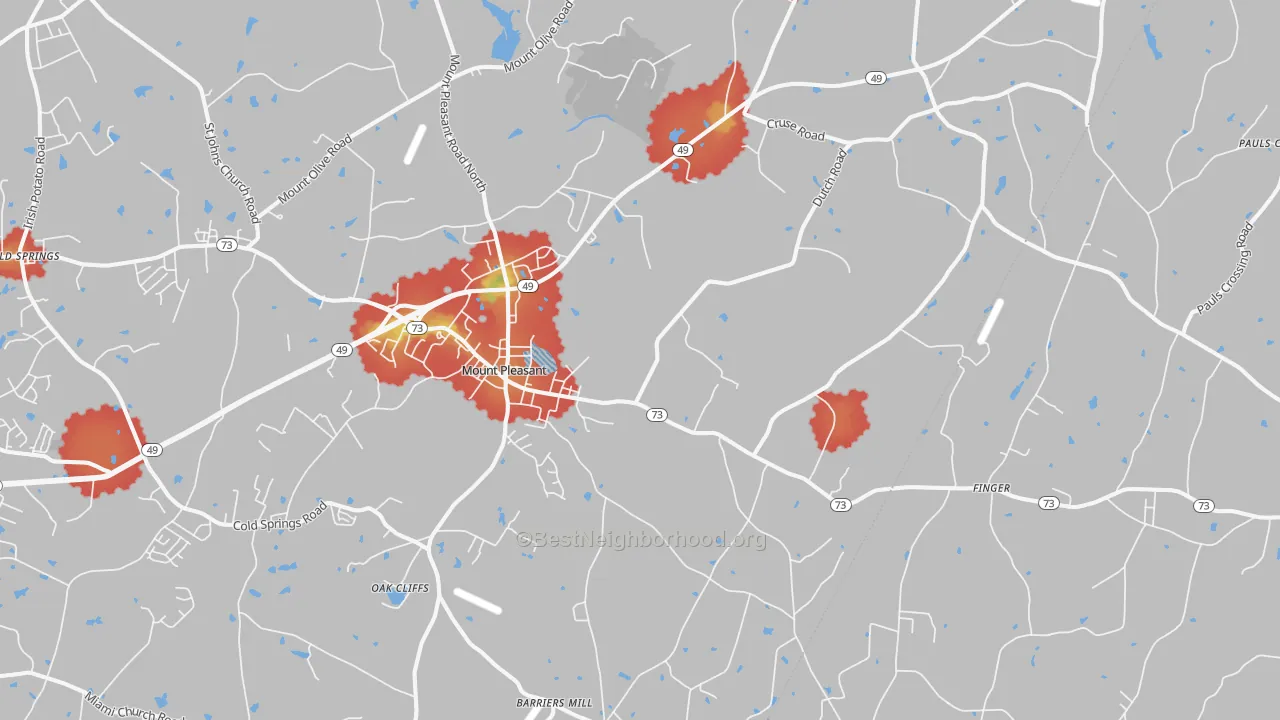 Walk Grade map of 28124, NC, walkable areas in green and car-dependent areas in red