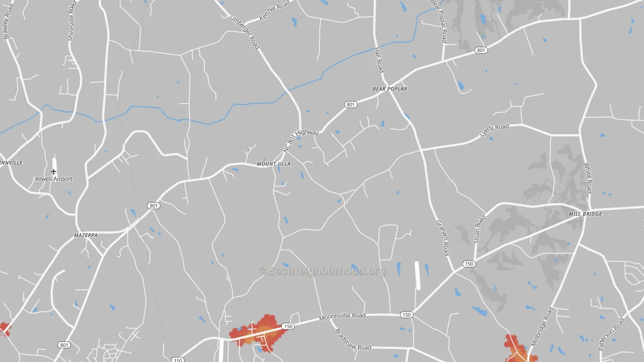 Walk Grade map of 28125, NC, walkable areas in green and car-dependent areas in red